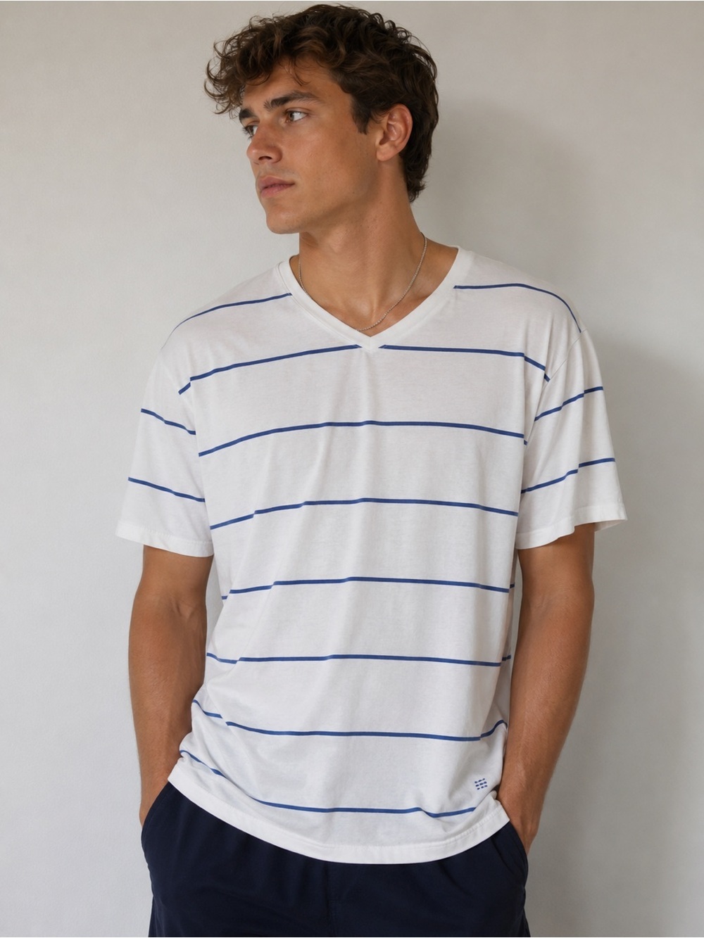 Men's V-Neck Short Sleeve Shirt - White with Blue Stripes size M